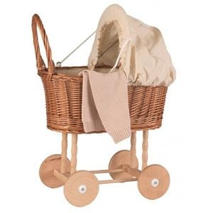 Carucior din nuiele pentru papusi, Egmont Toys, cu coviltir din textil si paturica tricotata