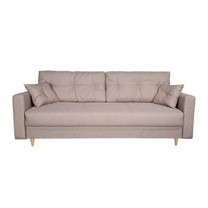Canapea extensibila Liuba 140, Iza, pat, saltea arcuri Relaxa, lada depozitare, picioare inalte fag, perne decorative, bej, stofa, 220x95x73 cm