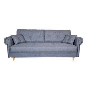 Canapea extensibila Catinca 140, Iza, pat, saltea arcuri Relaxa, lada depozitare, picioare inalte fag, perne decorative, bej, stofa, 220x95x73 cm