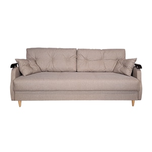 Canapea extensibila Modena 140, Iza, pat, saltea arcuri Relaxa, lada depozitare, picioare inalte fag, perne decorative, bej, stofa, 220x95x73 cm