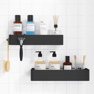 Set Rafturi pentru baie si dus Simply Joy, Otel Inoxidabil, 2 bucati, montare usoara, fara gaurire, 32 x 12 x 6 cm, Negru