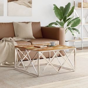 Masuta de cafea VIDAXL, din otel inoxidabil si lemn masiv reciclat, 80x80x40 cm, argintiu