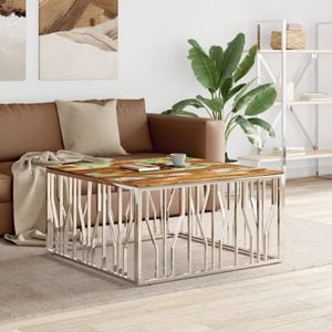 Masuta de cafea VIDAXL, din otel inoxidabil si lemn masiv reciclat, 100x100x50 cm, argintiu