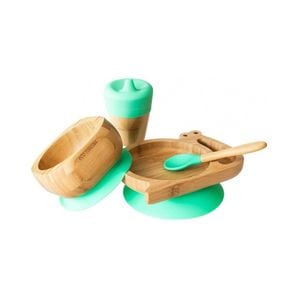 Set hranire din bambus Eco Rascals Melc, verde