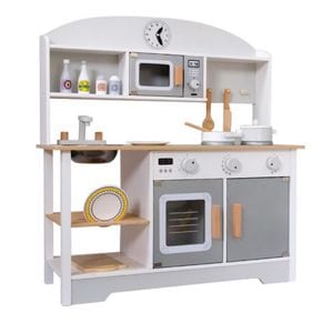 Bucatarie din lemn pentru copii PROCART, chiuveta metalica, vase si ustensile de gatit incluse, 68x26x80 cm