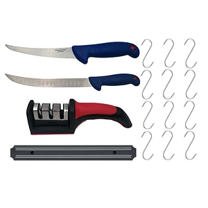 Set de macelarie , filetat, cutitul bucatarului, ascutitoare, suport magnetic si 12 carlige macelarie, otel inoxidabl