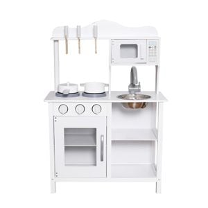 Bucatarie din lemn si MDF pentru copii PROCART, cuptor cu microunde, chiuveta, rafturi, ustentile pentru gatit, 60x30x85 cm, alba