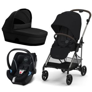 Carucior 3 in 1 Cybex, Melio, Cu landou, Cu scoica auto Aton S2 I-Size, Reglabil 4 nivele, Cu capotina Supreme XXL, 0-36 luni, Moon Black