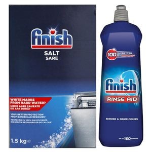 Set Solutie Clatire Finish 800 ml si Sare pentru Masina de Spalat Vase Finish, 1.5 kg