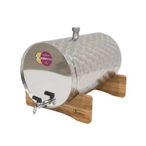 Butoi, confectionat din inox alimentar inoxidabil, forma cilindrica, robust, cu robinet si suport din lemn, 940 x 495 x 0.6 mm, 35 l