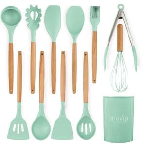 Set ustensile bucatarie 12 piese lemn si silicon alimentar, termorezistente, antiaderente, suport blat, Onuvio Daria, verde menta