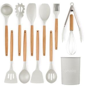 Set ustensile bucatarie 12 piese lemn si silicon alimentar, termorezistente, antiaderente, suport blat, Onuvio Daria, alb
