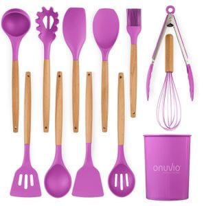 Set ustensile bucatarie 12 piese lemn si silicon alimentar, termorezistente, antiaderente, suport blat, Onuvio Daria, mov