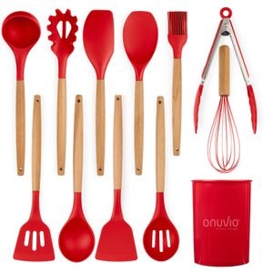 Set ustensile bucatarie 12 piese lemn si silicon alimentar, termorezistente, antiaderente, suport blat, Onuvio Daria, rosu