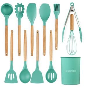 Set ustensile bucatarie 12 piese lemn si silicon alimentar, termorezistente, antiaderente, suport blat, Onuvio Daria, turcoaz