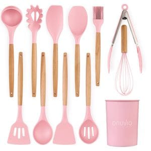 Set ustensile bucatarie 12 piese lemn si silicon alimentar, termorezistente, antiaderente, suport blat, Onuvio Daria, roz