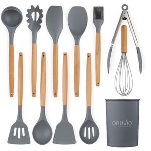 Set ustensile bucatarie 12 piese lemn si silicon alimentar, termorezistente, antiaderente, suport blat, Onuvio Daria, gri