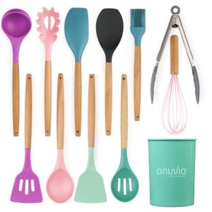 Set ustensile bucatarie 12 piese lemn si silicon alimentar, termorezistente, antiaderente, suport blat, Onuvio Daria, multicolor