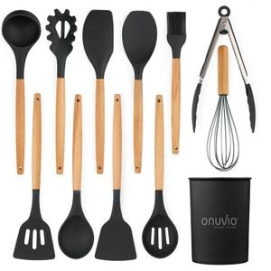 Set ustensile bucatarie 12 piese lemn si silicon alimentar, termorezistente, antiaderente, suport blat, Onuvio Daria, negru