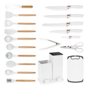 Set ustensile bucatarie 19 piese lemn si silicon alimentar, cutite, tocator, termorezistente, antiaderente, suport blat, Onuvio Fiona, alb