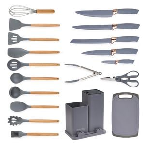 Set ustensile bucatarie 19 piese lemn si silicon alimentar, cutite, tocator, termorezistente, antiaderente, suport blat, Onuvio Fiona, gri