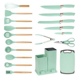 Set ustensile bucatarie 19 piese lemn si silicon alimentar, cutite, tocator, termorezistente, antiaderente, suport blat, Onuvio Fiona, verde menta