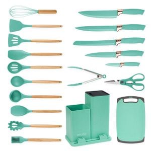 Set ustensile bucatarie 19 piese lemn si silicon alimentar, cutite, tocator, termorezistente, antiaderente, suport blat, Onuvio Fiona, turcoaz