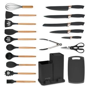 Set ustensile bucatarie 19 piese lemn si silicon alimentar, cutite, tocator, termorezistente, antiaderente, suport blat, Onuvio Fiona, negru