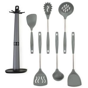 Set 6 Ustensile Bucatarie din Silicon cu Suport de Blat Tip Carlig  Termorezistente, Antiaderente si Fara BPA, Onuvio - Gri