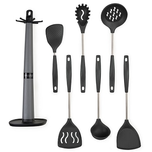 Set 6 Ustensile Bucatarie din Silicon cu Suport de Blat Tip Carlig  Termorezistente, Antiaderente si Fara BPA, Onuvio - Negru