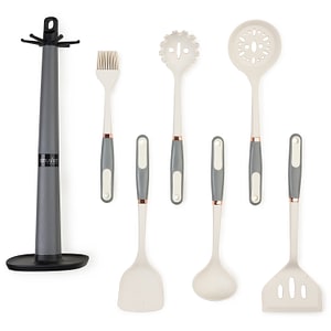 Set 6 Ustensile Bucatarie din Silicon cu Suport de Blat Tip Carlig  Termorezistente, Antiaderente si Fara BPA, Onuvio - Alb