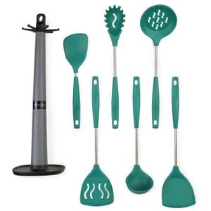 Set 6 Ustensile Bucatarie din Silicon cu Suport de Blat Tip Carlig  Termorezistente, Antiaderente si Fara BPA, Onuvio - Verde