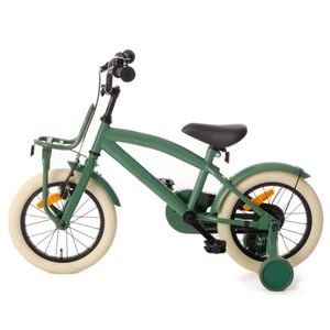 Bicicleta copii PROCART, roti ajutatoare, roata 14", scaun reglabil, cadru otel, frane V-Brake, suport fata, jante aluminiu, verde