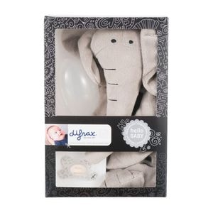 Set cadou pentru bebelusi Difrax, elefant plus + suzeta + cutie protectie, 0 luni+, gri/transparent