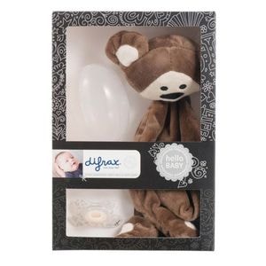 Set cadou pentru bebelusi Difrax, maimutica plus + suzeta + cutie protectie, 0 luni+, maro/transparent