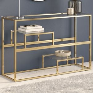 Masa consola VIDAXL, otel inoxidabil + sticla securizata, 110 x 35 x 70 cm, auriu