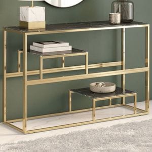 Masa consola VIDAXL, otel inoxidabil + sticla securizata, 110 x 35 x 70 cm, auriu
