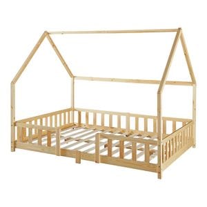 Pat copii Sisimiut, tip casuta, cu protectie impotriva caderilor, 200x90cm, lemn de brad, lemn natur