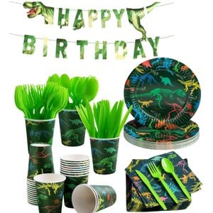 Set de accesorii petrecere aniversara Simply Joy, 145 Piese, Tematica Dinozauri, Banner Happy Birthday, Farfurii, Pahare, Servetele, Lingurite, Furculite, Cutite, Verde