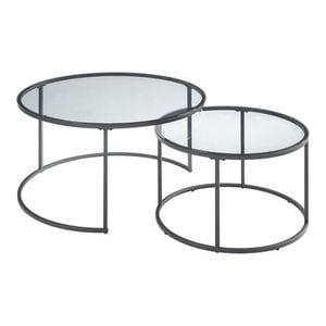 Set masute de cafea HESSA, 2 bucati, rotund, blat din sticla temperata fumurie, cadru din metal, 80 x 45 cm/ 60 x 39 cm, negru/fumuriu transparent