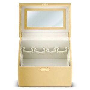 Geanta organizatoare cosmetice DacEnergy, piele ecologica, rezistent la abraziune, cu cheie, oglinda, compartimente practice, 22,5x 16,5 x 17,2 cm, auriu