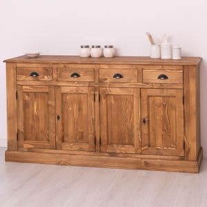 Bufet cu 4 usi si 4 sertare, BAS, culoare maro deschis P001, ceruit, 100% lemn masiv, 173x47x93 cm