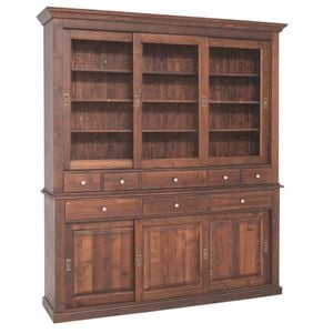 Bufet cu 3 usi glisante, 3 sertare BAS + 3 usi sticla glisante, 5 sertare SUP, culoare maro P081, lacuit si vopsit, 100% lemn masiv, 199x48x225 cm
