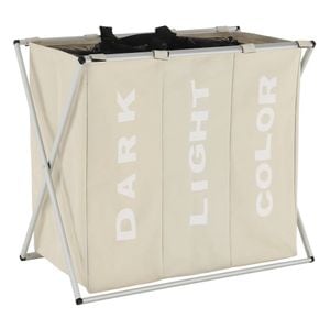 Cos pentru rufe DacEnergy, realizat din material textil si metal, 3 compartimente, cu manere, 62x35x60 cm, gri deschis si bej