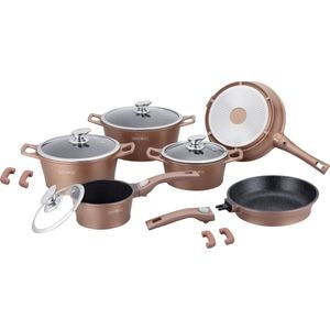 Set oale si tigai cu capace 14 piese Royaly Line ES 2014M, maro, antiaderente, marmorate, inductie, manere detasabile