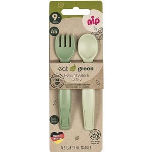 Set tacamuri Nip, Eat Green, Pentru bebelusi, Lingurita si furculita, Din plastic bio, Lavabile in masina de spalat vase, 9 luni+, Green
