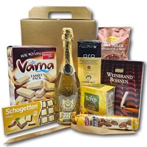 Cos cadou elegant CADOURI PREMIUM, model Royal Surprise, cu spumant Zarea Royal Gold infuzat cu aur 23k, cafea italiana