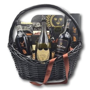 Cos cadou exclusiv Premium Celebration cu sampanie Dom Perignon, whisky Glenfiddich de colectie, vin de Bordeaux 