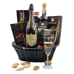Cos cadou Dom Perignon Bouquet, cu sampanie de lux, vin de Porto si ciocolata