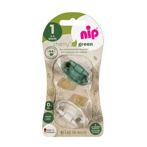 Set 2 suzete Nip, Cherry Green Boy, Cu tetina din latex natural, Forma rotunda, Cu inel, 0-6 luni, Multicolor
